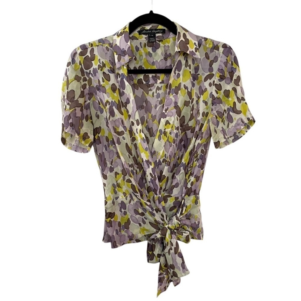 SANDRA ANGELOZZI Silk Watercolour Print Short Sleeve Cropped Wrap Blouse S